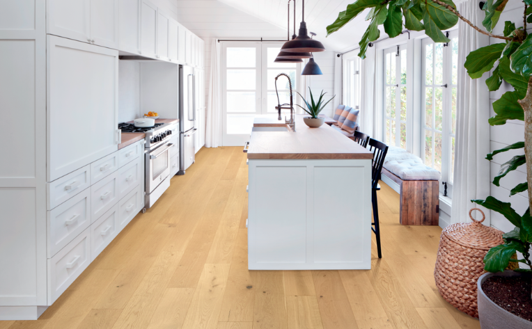 wide plank wood flooring compact kitchen
